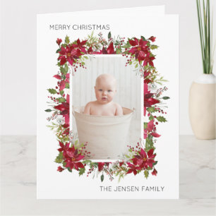 Merry Christmas Red Poinsettias Greenery White Card