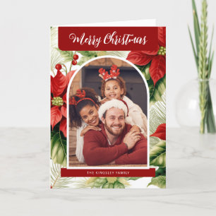 Merry Christmas Red Poinsettias Personalized Photo Holiday Card