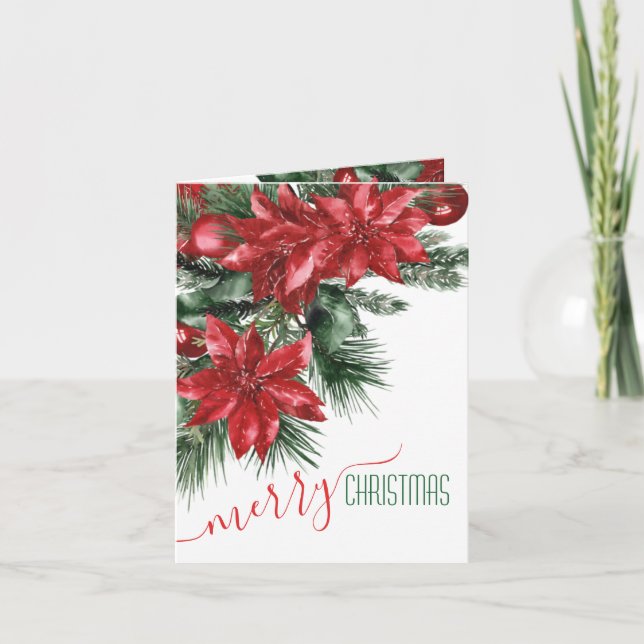 Merry Christmas Red Poinsettias Pine Bough Holiday Card (Front)
