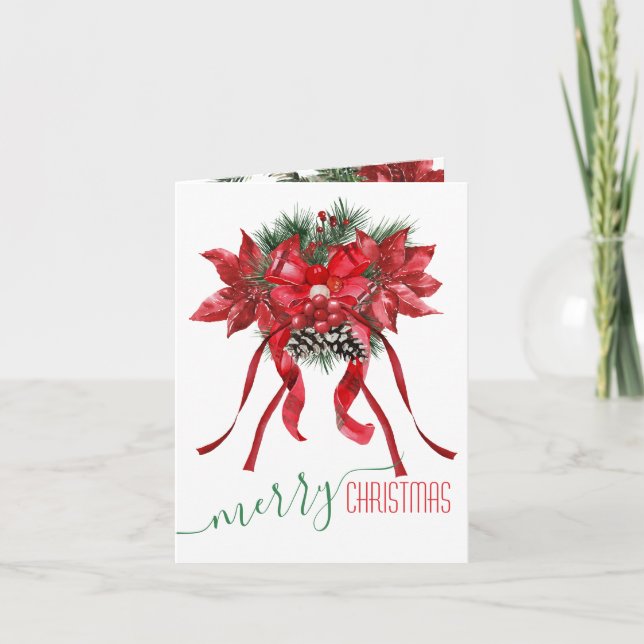 Merry Christmas Red Poinsettias Ribbon Bows Holiday Card (Front)