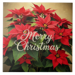 Merry Christmas Red Poinsettias Tile