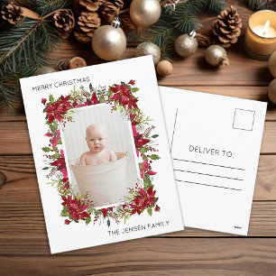 Merry Christmas Red Poinsettias White Modern Holiday Postcard