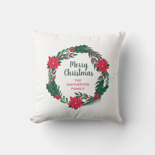 Merry Christmas Red Poinsettias Wreath Throw Pillow (Front)
