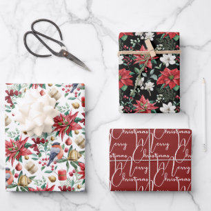Merry Christmas, Red Pointsettia Coordinated Wrapping Paper Sheet