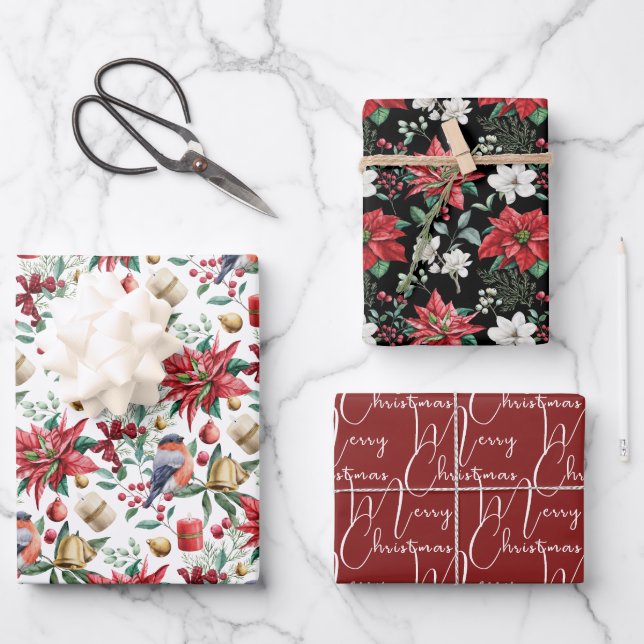 Merry Christmas, Red Pointsettia Coordinated  Wrapping Paper Sheet (Front)