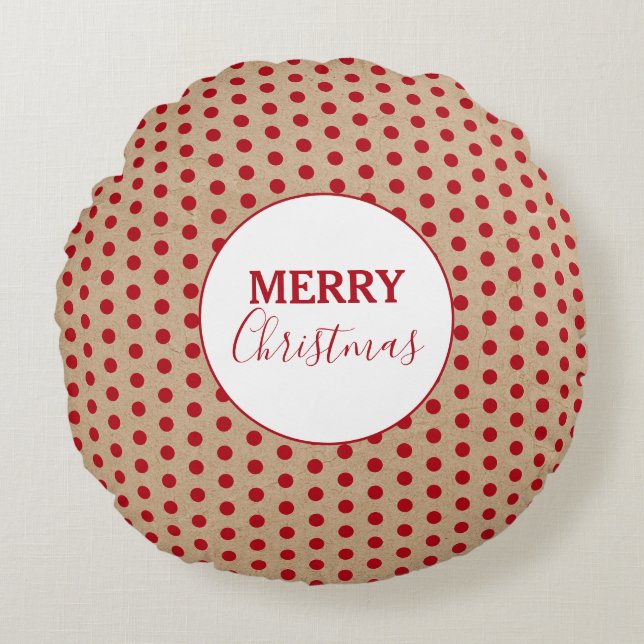 Merry Christmas Red Polka Dots Kraft Rustic Round Pillow (Front)