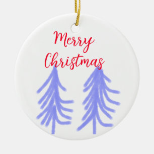 Merry Christmas red purple pastel pine tree waterc Ceramic Ornament