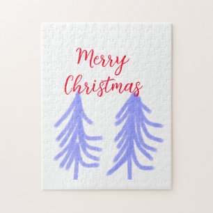 Merry Christmas red purple pastel pine tree waterc Jigsaw Puzzle