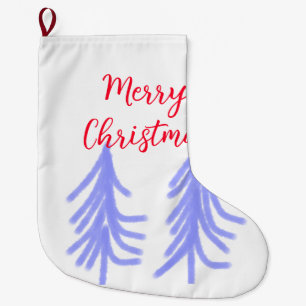 Merry Christmas red purple pastel pine tree waterc Large Christmas Stocking
