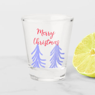Merry Christmas red purple pastel pine tree waterc Shot Glass