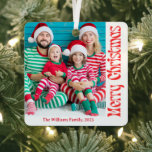 merry christmas red retro calligraphy 2 photos metal ornament<br><div class="desc">elegant merry christmas red retro calligraphy two photos Metal Ornament</div>