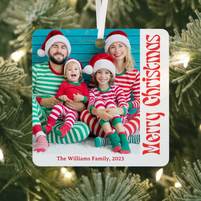 merry christmas red retro calligraphy 2 photos metal ornament (Insitu)