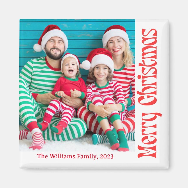 merry christmas red retro calligraphy photo magnet (Front)