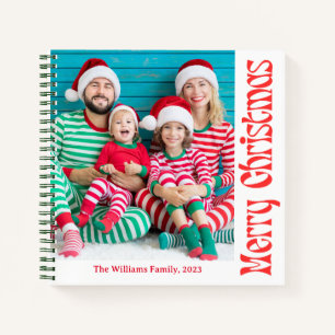 merry christmas red retro script family photo  notebook