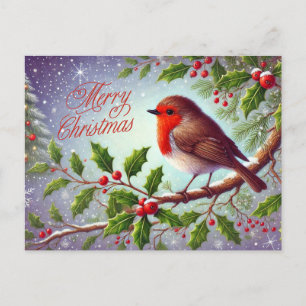 Merry Christmas Red Robin and Berries Holiday Postcard