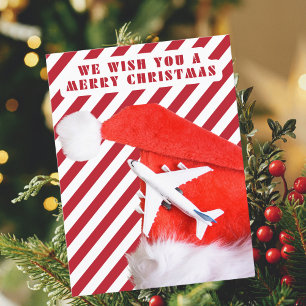 Merry Christmas Red Santa Hat & Airplane,Stripes Holiday Postcard