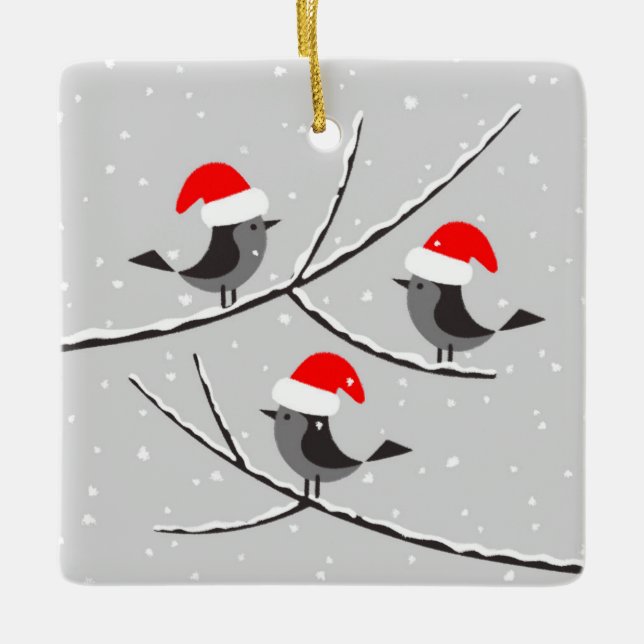 Merry Christmas Red Santa Hat Birds Ceramic Ornament (Front)