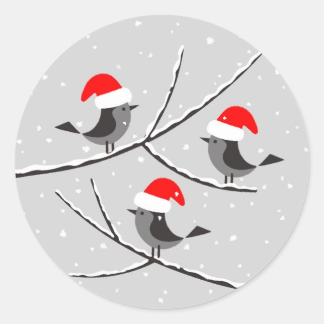 Merry Christmas Red Santa Hat Birds Classic Round Sticker (Front)