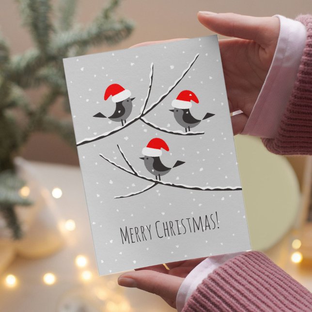 Merry Christmas Red Santa Hat Birds Holiday Card (Creator Uploaded)