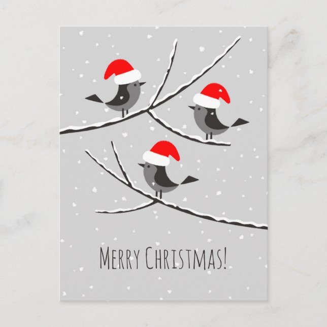 Merry Christmas Red Santa Hat Birds Holiday Postcard (Front)