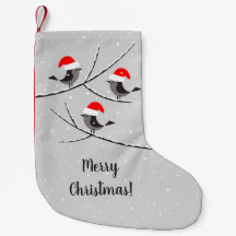 Merry Christmas Red Santa Hat Birds Snow