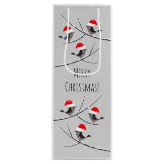 Merry Christmas Red Santa Hat Birds Snow