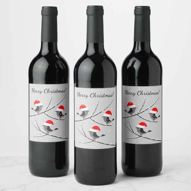 Merry Christmas Red Santa Hat Birds Wine Label (Bottles)