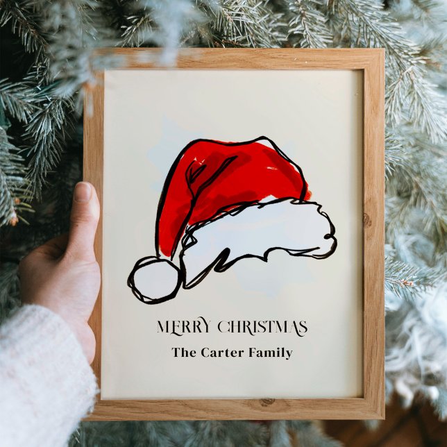 Merry Christmas Red Santa Hat Family Name Keepsake Poster (Santa hat Christmas holiday sketch illustration personalized art print poster.)