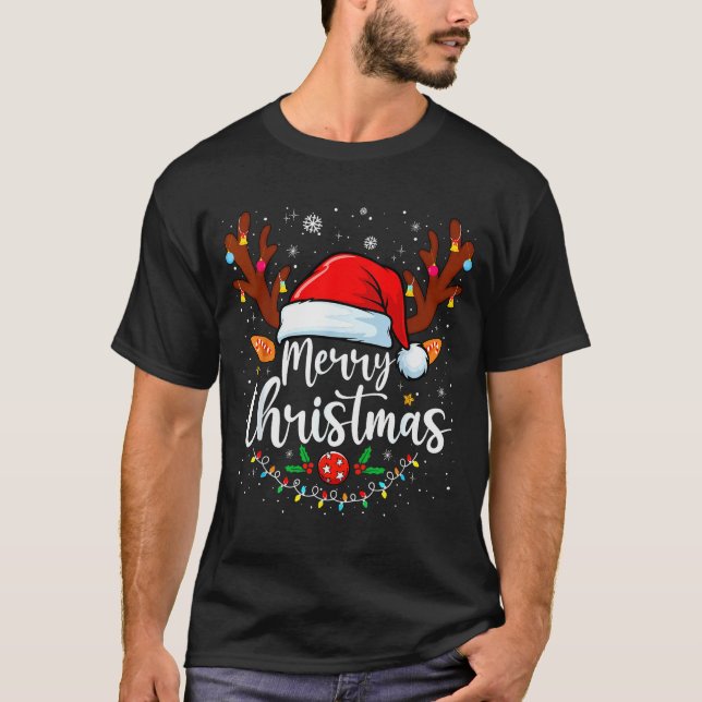 Merry Christmas Red Santa Hat Reindeer Xmas Matchi T-Shirt (Front)