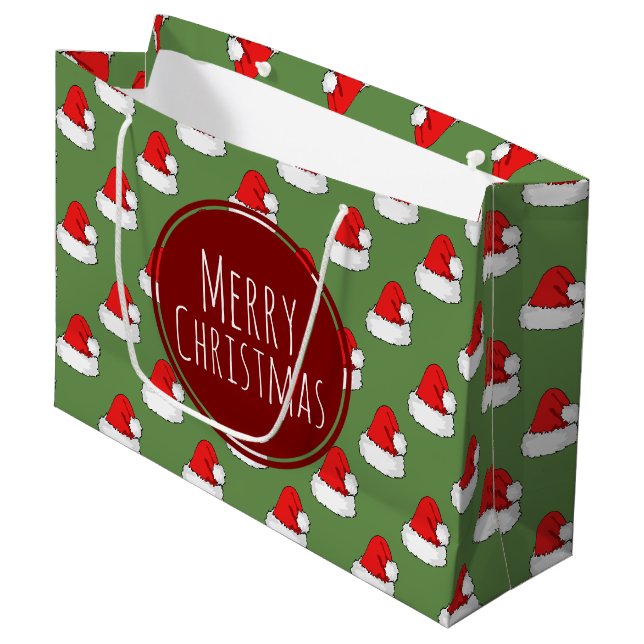 Merry Christmas Red Santa Hats Pattern Large Gift Bag (Front Angled)