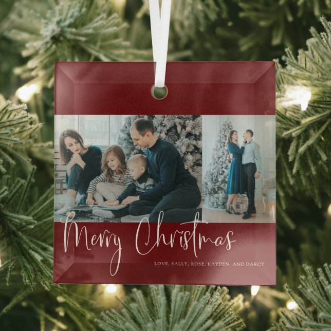 Merry Christmas Red Script 2 Photo Collage Holiday Glass Ornament (Insitu)