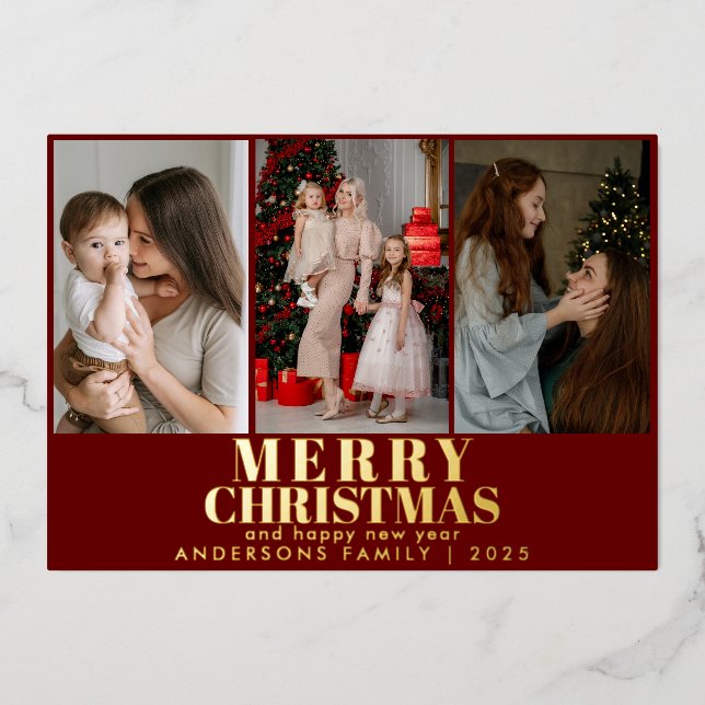 Merry Christmas Red Script 3 Collage Multi-Photo  Foil Holiday Card (Front)
