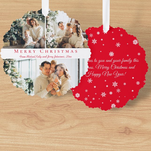 merry christmas red script 3 photos collage chic ornament card (Creator Uploaded)