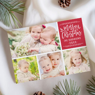 Merry Christmas Red Script 4-Photo Collage Holiday Card