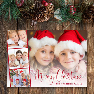 Merry Christmas Red Script 4 Photo Strip Holiday Card