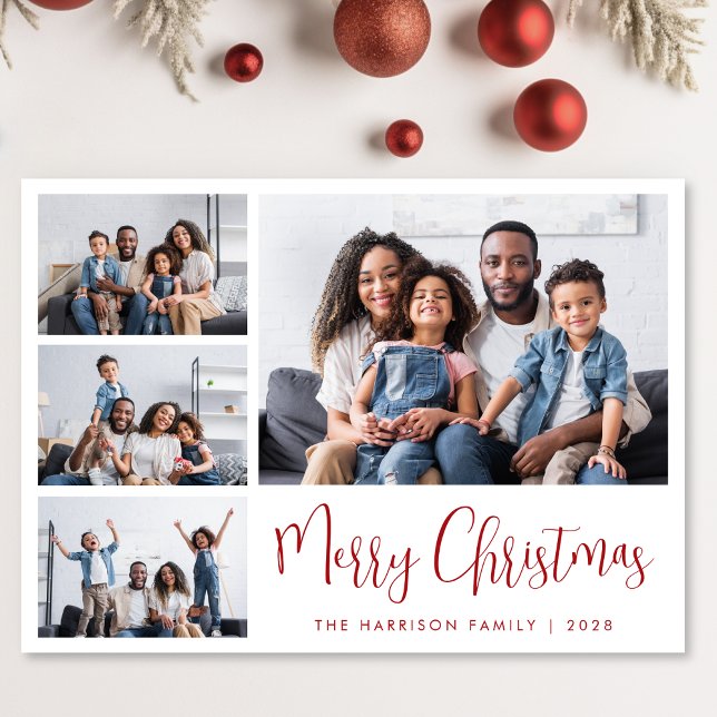 Merry Christmas Red Script 6 Photo Holiday Card (Share the love and warmth of the season with a personalized photo Christmas card)