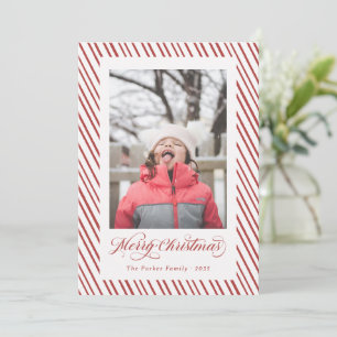 Merry Christmas Red Script Calligraphy Stripes Holiday Card