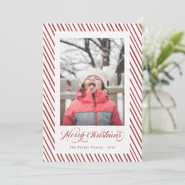 Merry Christmas Red Script Calligraphy Stripes Holiday Card (Standing Front)