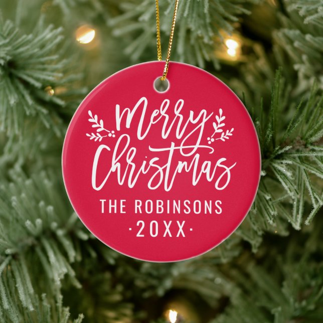 Merry Christmas Red Script Custom Family Photo Ceramic Ornament (Tree)