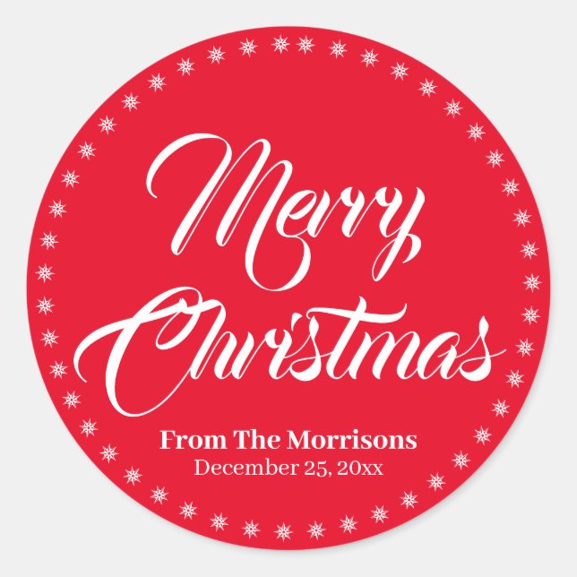 Merry Christmas red script custom name favours Classic Round Sticker (Front)
