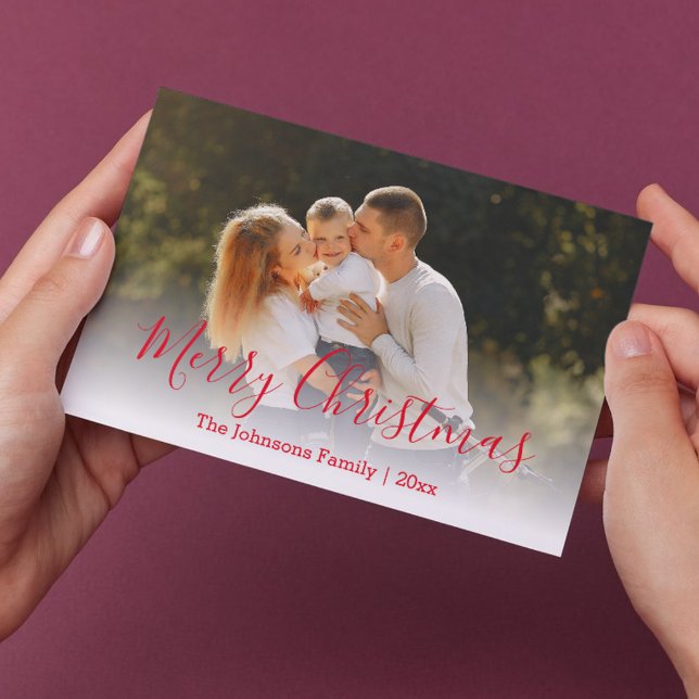 merry christmas red script faded family photo card (Creator Uploaded)