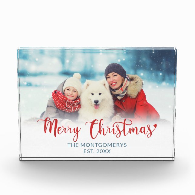 Merry Christmas Red Script Family Dog Photo Block (Front)