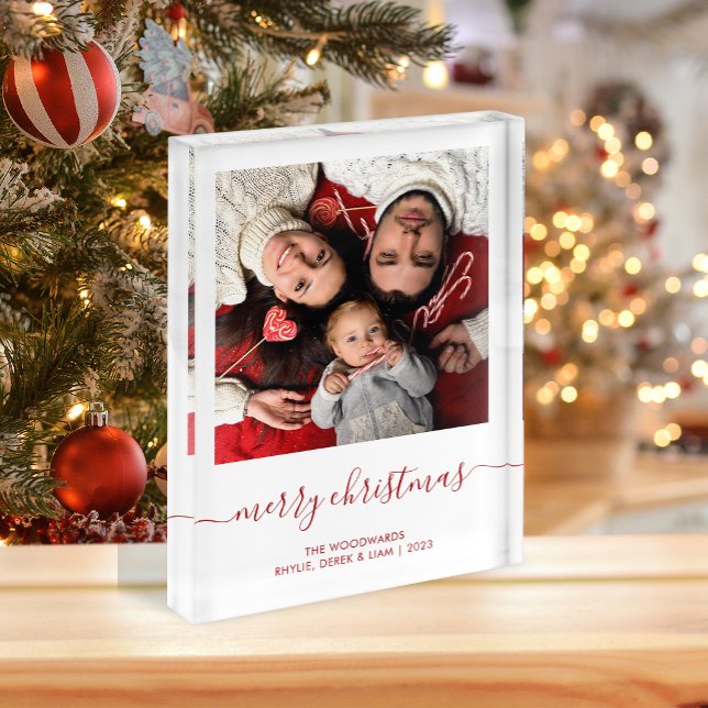 Merry Christmas Red Script Minimalist Photo Block (Creator Uploaded)