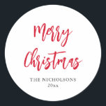 Merry Christmas Red Script Modern Holiday Classic Round Sticker<br><div class="desc">Merry Christmas Red Script Modern Holiday</div>