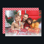 Merry Christmas Red Script Photo Overlay Holiday Card<br><div class="desc">Simply chic holiday photo greeting card features "Merry Christmas" in a modern beautiful script with scrolling detail in Red.  Red diagonal stripes add interest to the back of the card - use "customize it" to edit the red background colour.</div>