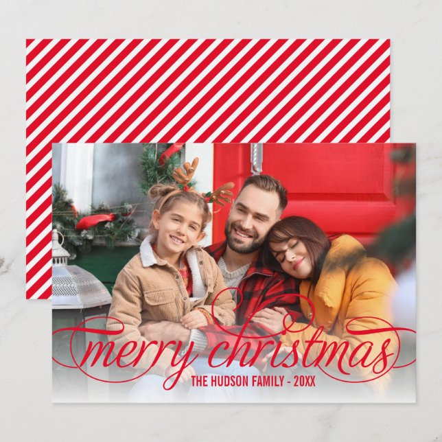 Merry Christmas Red Script Photo Overlay Holiday Card (Front/Back)