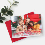 Merry Christmas Red Script Photo Overlay Holiday Card<br><div class="desc">Simply chic holiday photo greeting card features "Merry Christmas" in a modern beautiful script with scrolling detail in Red.  Red diagonal stripes add interest to the back of the card - use "customize it" to edit the red background colour.</div>
