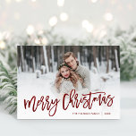Merry Christmas Red Script Photo Overlay Holiday Card<br><div class="desc">Affordable custom printed Christmas photo cards with simple templates for customization. This stylish modern design features burgundy red script Merry Christmas typography overlaid on your full bleed photo. Personalize it with your photos, family name, the year or other custom text. Folded greeting cards are blank inside. Use the design tools...</div>