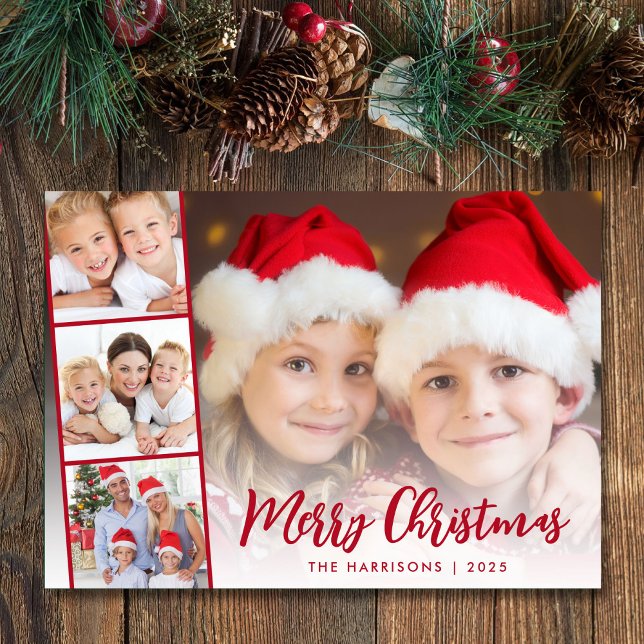 Merry Christmas Red Script Photo Overlay Holiday Card (This holiday season, let your family's smiles and heartwarming memories shine on our 4 photo card)