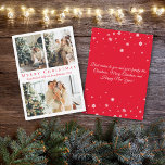 merry christmas red script  photos collage holiday card<br><div class="desc">background deco by freepik.com
elegant merry christmas red script 3 photos collage holiday Note Card 
two sided card, on the back side holiday message, custom.</div>